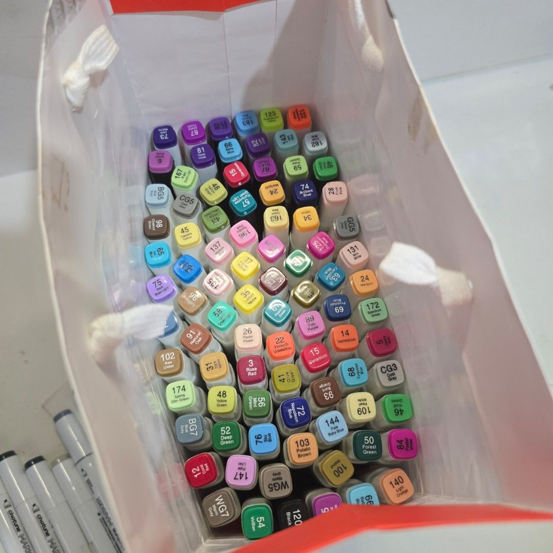 109pcs Alcohol Markers (Category: Craft Supplies & Tools) located in Marikina City. Submitted by lovedbyallia (Listing ID 1429757319, Image 3). Description: - Most of them still have lots of ink - Some may be almost dry - Some colors are repeated because this is a mix of different brands of alcohol markers - Some markers are not swatched on the swatch sheet but are on a piece of watercolor paper that I put on the side of the marker - With bag for