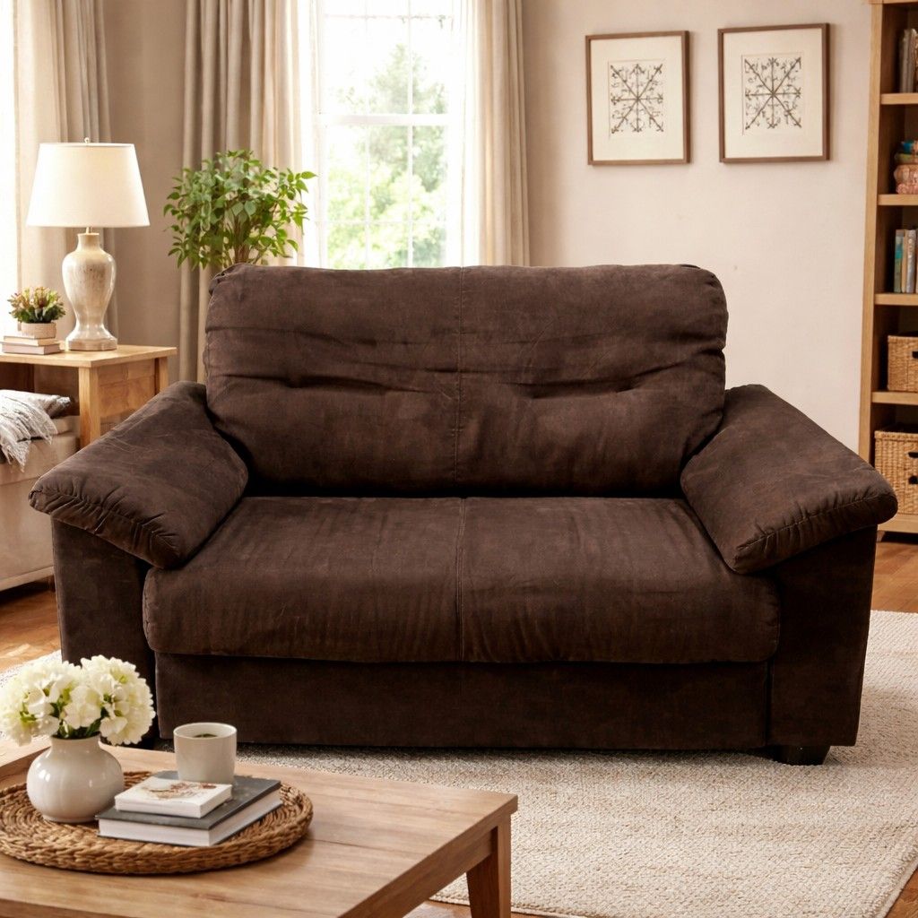 2nd hand Velvet Brown 2-Seater Sofa (Category: Sofas) located in Paranaque City. Submitted by 2ndcharmfurniture (Listing ID 1429749306, Image 2). Description: Comfortable 2-seater sofa in a rich brown color. Features a plush, cushioned design with wide armrests. Dimensions are L146cm, D88cm, H88cm, with a seat height of 42cm. Perfect for living rooms or lounges. The sofa has a sturdy wooden frame..
