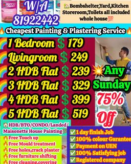 💥Decorate And Bring Colour To Your Home!!!HDB#BTO#CONDO#cheapest painting service#toilet and kitchen pipe paint#door and door frame painting#white colour#manpower#anti mould painting service#parquet polish#epoxy#plaster//free cleaning#free shifting#free touch up services Collection item 2