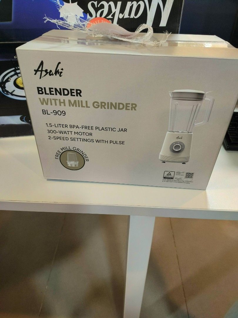 Asahi Blender with Mill Grinder BL-909 (Category: Juicers, Blenders & Grinders) located in Marikina City. Submitted by nullsells (Listing ID 1429782854, Image 1). Description: Brand New Asahi Blender with Mill Grinder Selling this brand new Asahi Blender with Mill Grinder. I won two blenders during our year-end party raffle and decided to use the smaller one instead, so this has never been used and is just kept in storage. Perfect for making smoo
