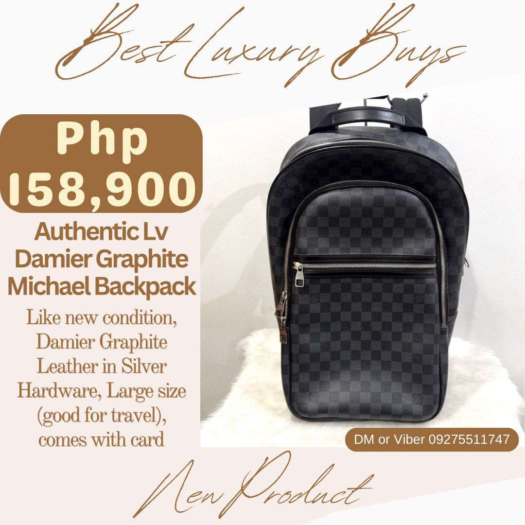 Authentic Louis Vuitton Lv Damier Graphite Michael Backpack Large Mens Bag (Category: Backpacks) located in Pasig City. Submitted by bestluxurybuys (Listing ID 1429724291, Image 1). Description: Authentic Louis Vuitton Lv Damier Graphite Michael Backpack Large Mens Bag Dm or Vber O92755II747.