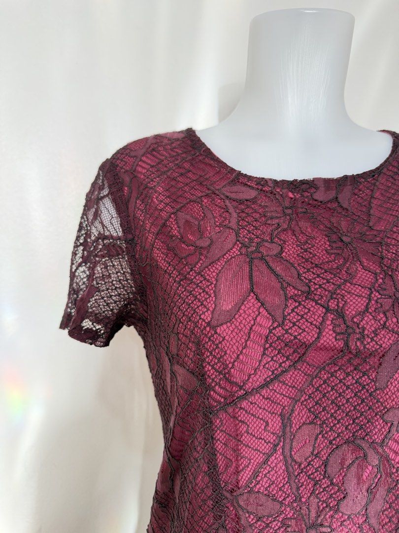 Burgundy Lace Dress (Category: Dresses) located in Imus. Submitted by queens_collectionsph (Listing ID 1429754293, Image 2). Description: THRIFT/UKAY - ALL WASHED🫧 Burgundy Lace Dress size S.