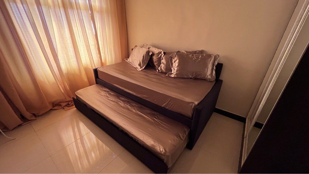 Daybed with Pullout Bed Frame only (Category: Bed Frames & Mattresses) located in Manila. Submitted by tineemall (Listing ID 1429679294, Image 1). Description: Last Price if next day ₱20,000.00 Transact Now! Get it NOW! ₱18,000.00 205cm X 95cm if no pullout 205cm X 190cm with pullout 110cm height Pick-Up only sa unit Transportify or Lalamove, buyer will pay the fee with helpers RFS magpapalit ng bed frame. 🚫Mattress and pillows not included Note