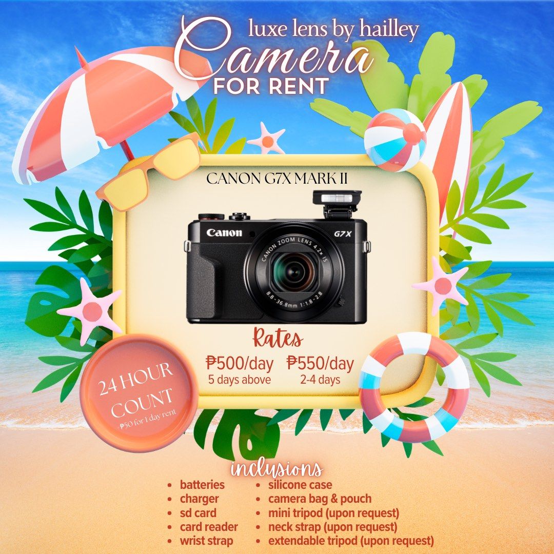 G7X Mark II & III FOR RENT (Category: Cameras) located in Manila. Submitted by waldorfsupremacy (Listing ID 1429751003, Image 2). Description: 💌 Send us a DM to reserve now! ♡ CAMERA FOR RENT ♡ ✅ DTI Registered ⏰ 24 hours count (applicable for 3 days up rentals) 📍 Tondo, Manila.