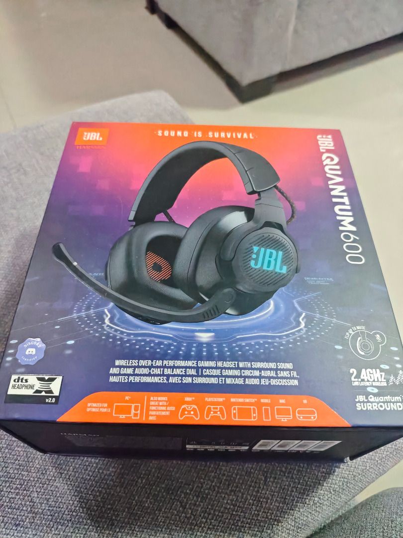 JBL Quantum 600 Wireless Gaming Headphones (Category: Headphones & Headsets) located in Manila. Submitted by louiemac12000 (Listing ID 1429755578, Image 3). Description: JBL Quantum M600 wireless over-ear performance gaming headphones. Includes the headphones, a USB dongle, and two charging cables. Features surround sound and a built-in microphone. Original not OEM. Used once or twice only. .