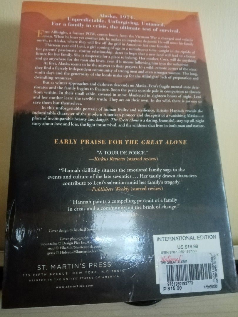 Kristin Hannah The Great Alone (Category: Storybooks) located in General Trias. Submitted by joyjoson (Listing ID 1429673796, Image 2). Description: Great Alone by Kristin Hannah. This novel is an international edition. The book is set in Alaska in 1974. It tells a story of survival and the challenges faced by a family. The back cover includes early praise for the book. Published by St. Martin's Press..