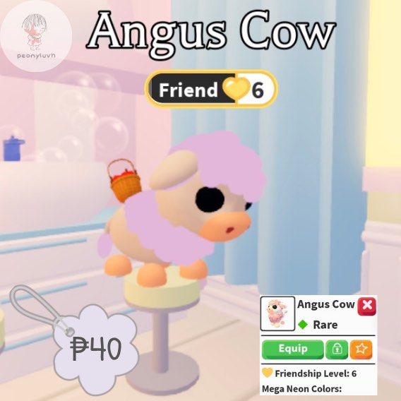 Mega Neon Angus Cow - Adopt Me Pet (Category: In-Game Products) located in Imus. Submitted by peonyluvh_ (Listing ID 1429736622, Image 1). Description: .