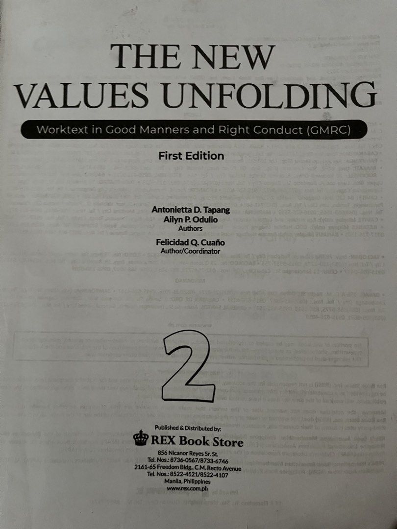 Preloved The New Values Unfolding Worktext Grade 2 (Category: Textbooks) located in Cainta. Submitted by jessicajaye (Listing ID 1429732587, Image 2). Description: Preloved The New Values Unfolding 2 Brand New Price: Php785 Copyright 2025 Answers were erased Some check marks but very minimal Generally clean book Complete pages Shipping from Greenwoods, Pasig Sale Price: Php400 Worktext for Grade 2 students, titled "The New Values Unfolding" focus