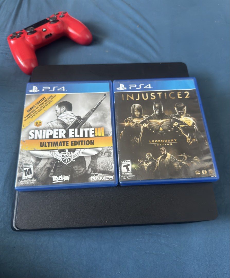PS4 Slim 500gb with 1 original controller + 2 games (Category: PlayStation) located in Pasig City. Submitted by robbiseraphin (Listing ID 1429733168, Image 3). Description: 🎮 Selling: PS4 Slim 500gb with 1 original controller and 2 games ✅ Inclusives: - PS4 Slim 500 gb (never been opened or repaired) - 1 red v2 original controller - 2 CD games (Injustice 2, Sniper Elite 3) pwede pumuli sa other options ko - complete wires (HDMI and power chord) 