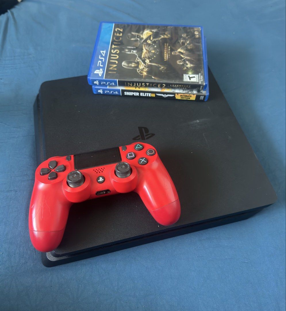 PS4 Slim 500gb with 1 original controller + 2 games (Category: PlayStation) located in Pasig City. Submitted by robbiseraphin (Listing ID 1429733168, Image 1). Description: 🎮 Selling: PS4 Slim 500gb with 1 original controller and 2 games ✅ Inclusives: - PS4 Slim 500 gb (never been opened or repaired) - 1 red v2 original controller - 2 CD games (Injustice 2, Sniper Elite 3) pwede pumuli sa other options ko - complete wires (HDMI and power chord) 