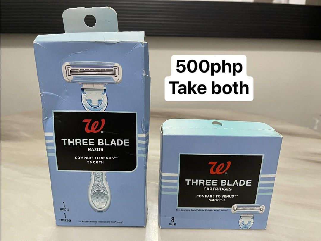 Razors for Men & Women (Category: Men's Grooming) located in Quezon City. Submitted by aimcharm17 (Listing ID 1429733470, Image 3). Description: Brand new from 🇺🇸 •Gillette - 600php per box •Walgreens- 500php take both box.