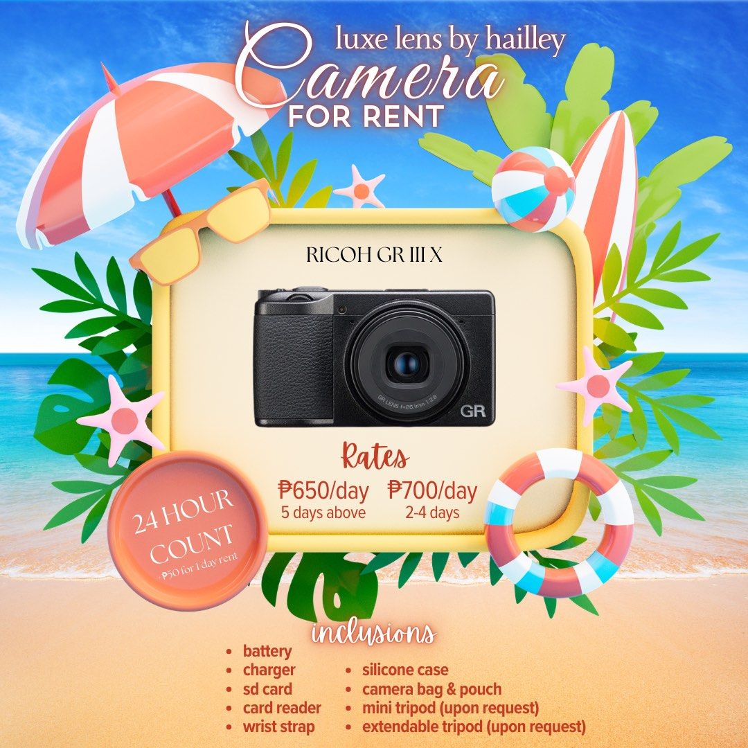 Ricoh GR III X RENT (Category: Cameras) located in Manila. Submitted by waldorfsupremacy (Listing ID 1429750395, Image 1). Description: 💌 Send us a DM to reserve now! ♡ CAMERA FOR RENT ♡ ✅ DTI Registered ⏰ 24 hours count (applicable for 3 days up rentals) 📍 Tondo, Manila.