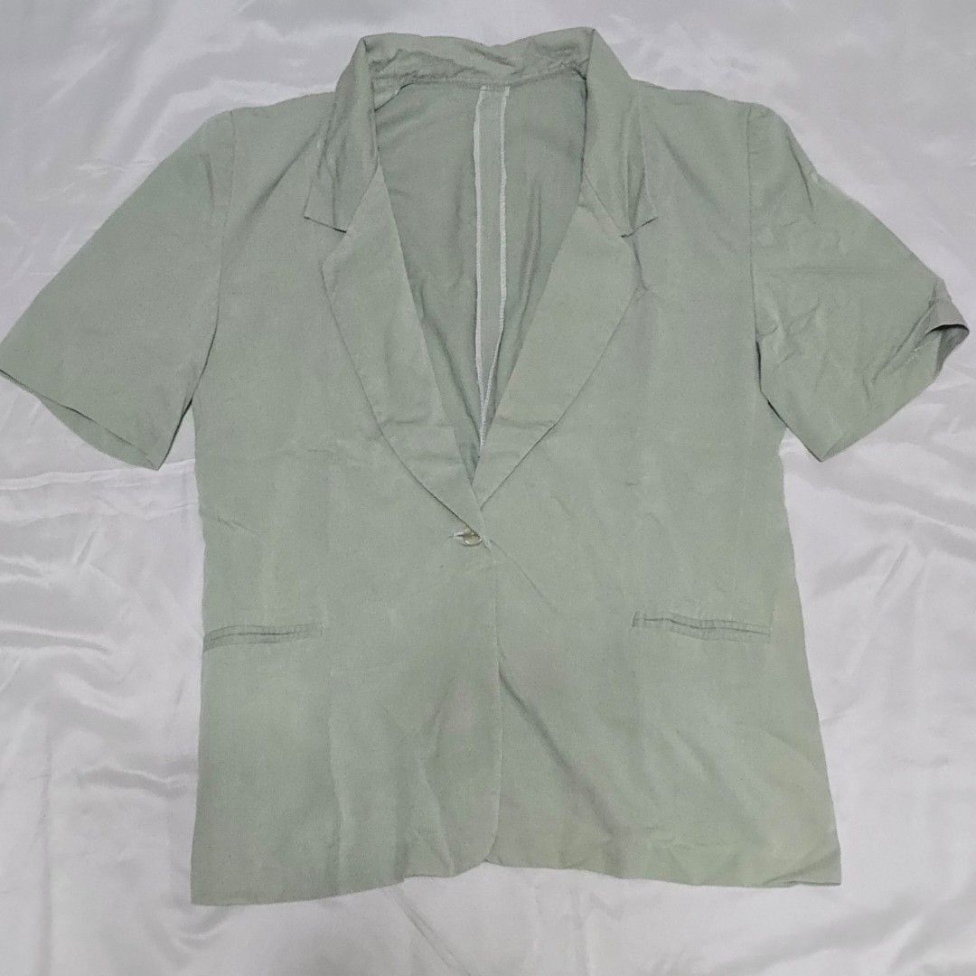 Sage Green Office Formal Collared Blazer Blouse with Pockets (Category: Coats, Jackets and Outerwear) located in Quezon City. Submitted by schangs (Listing ID 1429836463, Image 1). Description: size M length 24in perfect condition, no issue!!.