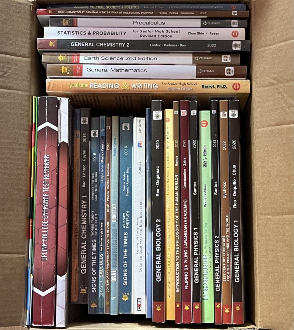 Senior High School Textbooks (TAKE ALL 3K) (Category: Textbooks) located in Quezon City. Submitted by milkandm0cha (Listing ID 1429838510, Image 1). Description: Collection of Senior High School textbooks INFORMATION: • all pre-loved, used only as reference • condition: like new to brand new (no visible signs of usage) • used only during SY 2023–2025 • some books are plastic covered • no name of owner • clean pages (no pen writings) • some books 