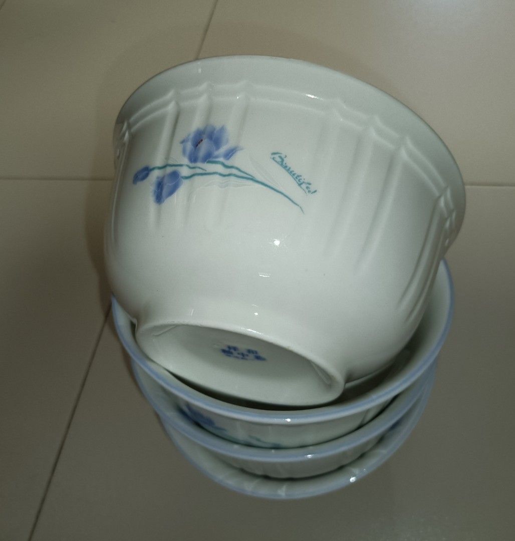 White Porcelain Bowls with Blue Floral Design Set of 4  (Each Bowl@$3)