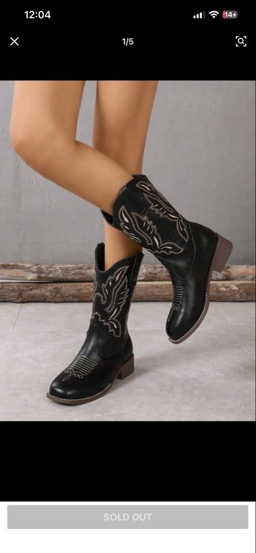 SHEIN Black Cowboy Boots (WITH BOX) (Category: Boots) located in San Pedro. Submitted by anakrstina (Listing ID 1429814228, Image 2). Description: size CN42 (size 9/10), masikip pa rin siya sakin kahit biggest size siya idk maybe it's a me problem. Worn only once, during Eras. Deserves a new loving owner. Comes with box.