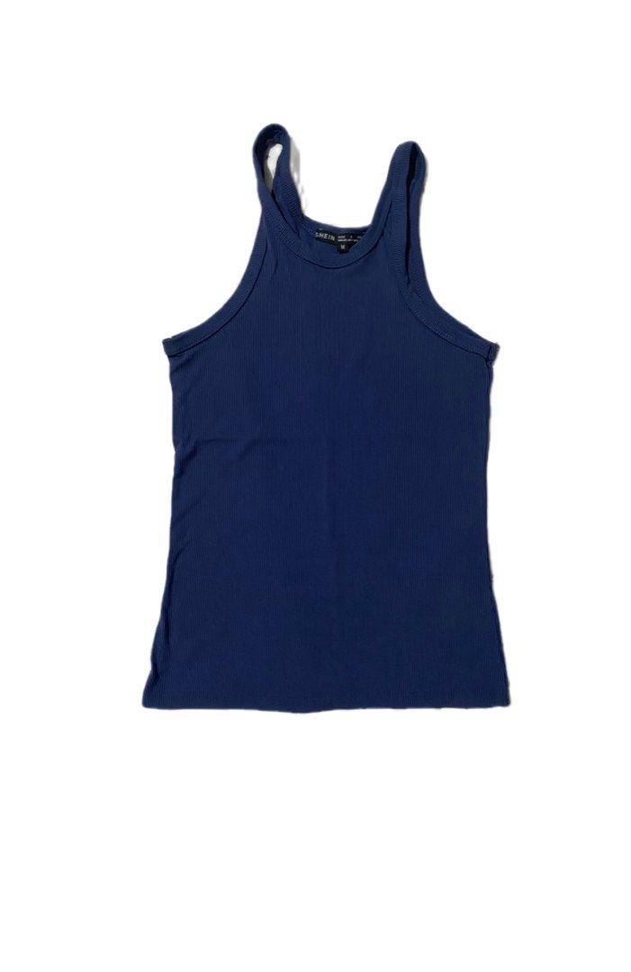 Shein Navy Blue Ribbed Tank Top (Category: Sleeveless) located in San Mateo. Submitted by katka_cat (Listing ID 1429785342, Image 1). Description: Navy blue ribbed tank top from Shein. Features a sleeveless design with a high neckline. The tank top is a size M. Perfect for casual wear or layering..