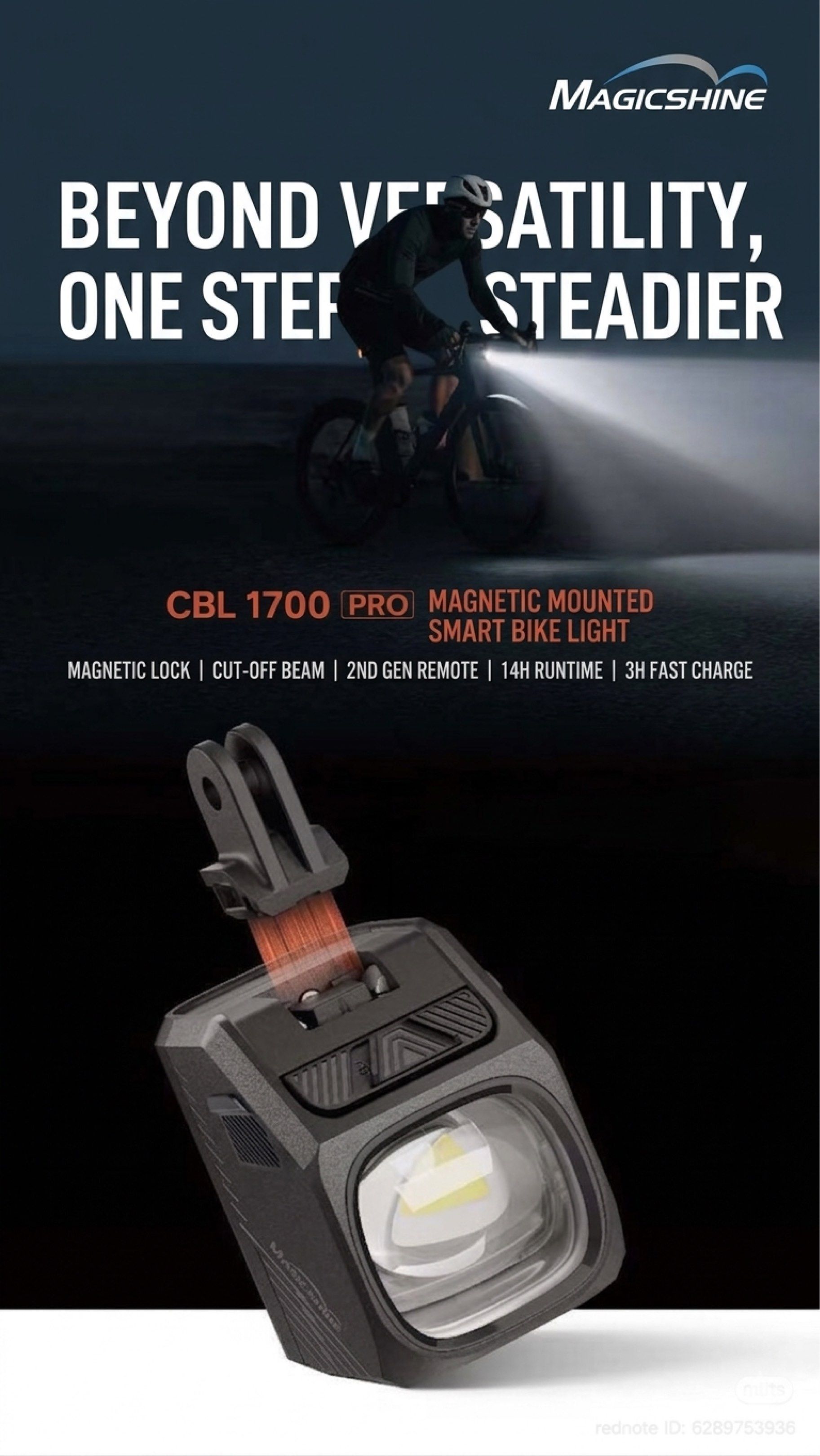 Upgraded Version🔺Magicshine CBL 1700 Pro. Magnetic Quick-Release Mount. Cut-Off Beam Bike Light (Category: Parts & Accessories) located in Singapore. Submitted by bikesjunction (Listing ID 1429698224, Image 2). Description: The Magicshine CBL1700 Pro is an upgraded version of CBL1600, featuring a magnetic quick-release mount, it allows fast installation and removal while staying secure on rough terrain. With multiple lighting modes, wireless con
