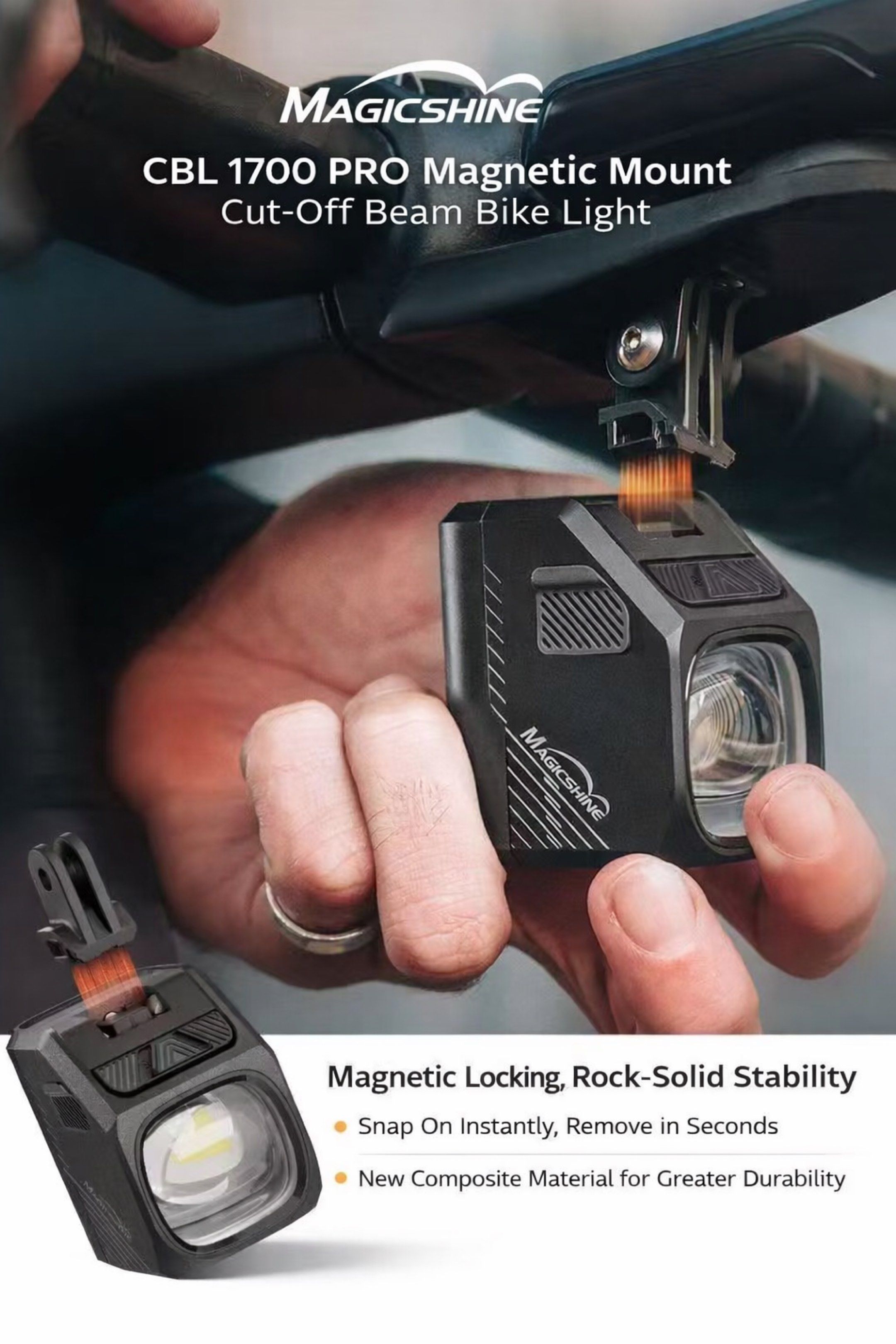 Upgraded Version🔺Magicshine CBL 1700 Pro. Magnetic Quick-Release Mount. Cut-Off Beam Bike Light (Category: Parts & Accessories) located in Singapore. Submitted by bikesjunction (Listing ID 1429698224, Image 1). Description: The Magicshine CBL1700 Pro is an upgraded version of CBL1600, featuring a magnetic quick-release mount, it allows fast installation and removal while staying secure on rough terrain. With multiple lighting modes, wireless con