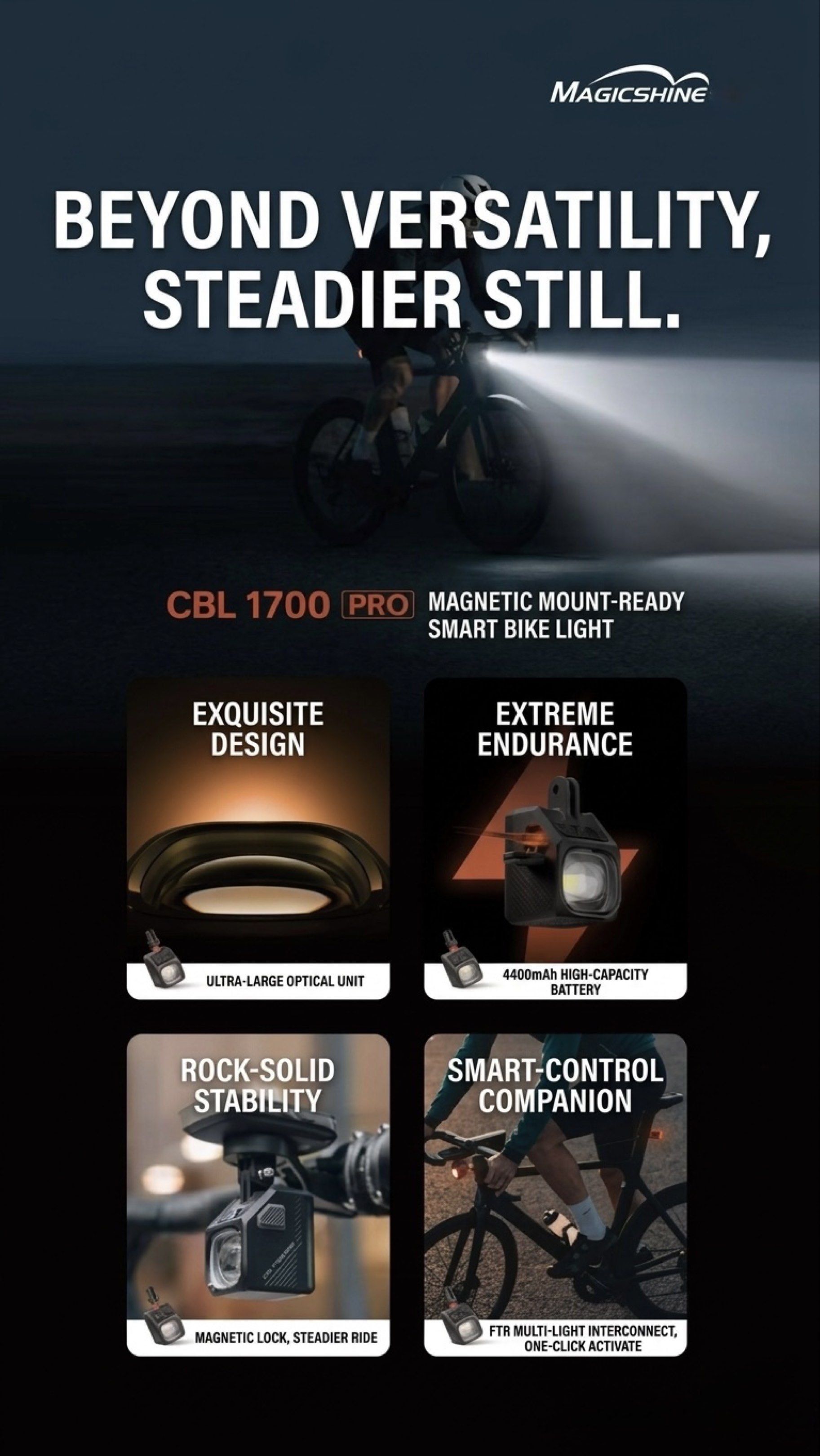 Upgraded Version🔺Magicshine CBL 1700 Pro. Magnetic Quick-Release Mount. Cut-Off Beam Bike Light (Category: Parts & Accessories) located in Singapore. Submitted by bikesjunction (Listing ID 1429698224, Image 3). Description: The Magicshine CBL1700 Pro is an upgraded version of CBL1600, featuring a magnetic quick-release mount, it allows fast installation and removal while staying secure on rough terrain. With multiple lighting modes, wireless con