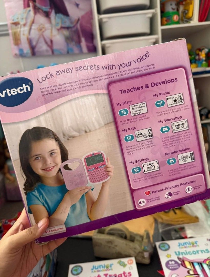 Vtech secret safe diary mini (Category: Educational & Learning Toys) located in Pagsanjan. Submitted by decluttersaur (Listing ID 1429711723, Image 2). Description: BRAND NEW Keep your secrets hidden with the Secret Safe Diary Mini™ by VTech®. This diary features a voice-activated locking system that only responds to your voice. You can write in your diary, store more than 700 entries and sort them in chronological order. For even more fun, you c