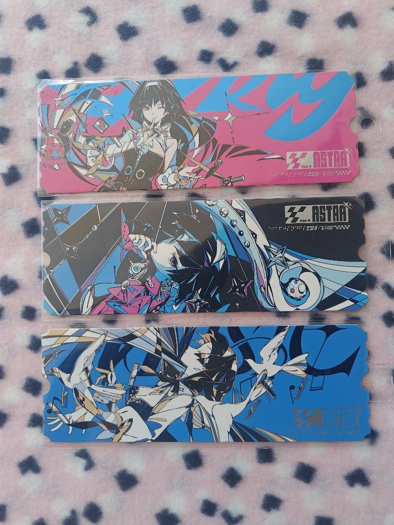 ZZZ Astra Yao Ticket (Category: Events Tickets) located in Quezon City. Submitted by husbandossimpact (Listing ID 1429692141, Image 1). Description: Set of three Astra Lost in Space anime tickets. Each ticket features a different character design and color scheme. Perfect for collectors or fans of the anime series..