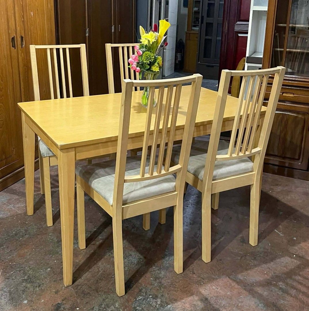 4 Seater Dining Table and Chairs Set (Category: Tables & Sets) located in Quezon City. Submitted by dannikkishoppe2 (Listing ID 1433391444, Image 3). Description: 4 Seater Dining Table and Chairs Set‼️₱14000‼️ ✔️ Sturdy and durable ✔️ Perfect for small to medium spaces ✔️ Ideal for everyday dining Please manage your expectations as there might be minimal flaws. Color may vary due to lighting, it may appear darker or lighter in person. Check photo