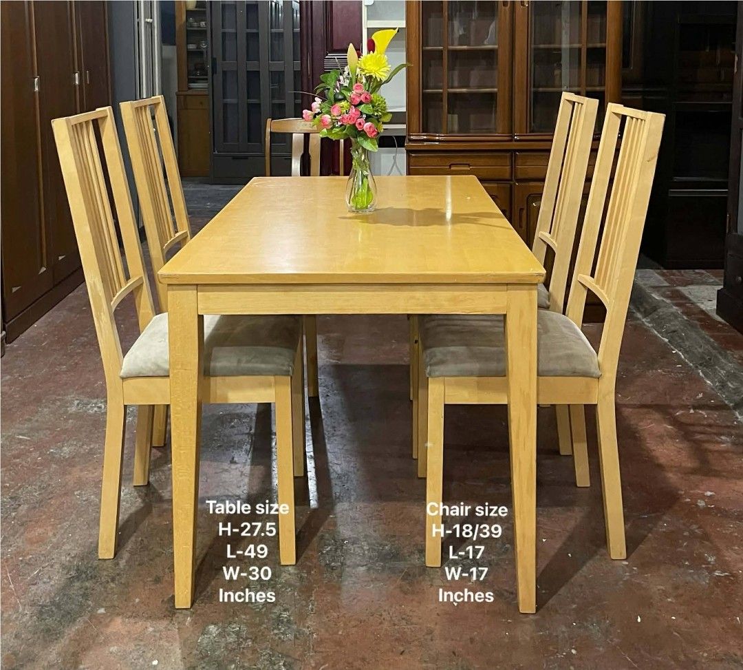 4 Seater Dining Table and Chairs Set (Category: Tables & Sets) located in Quezon City. Submitted by dannikkishoppe2 (Listing ID 1433391444, Image 2). Description: 4 Seater Dining Table and Chairs Set‼️₱14000‼️ ✔️ Sturdy and durable ✔️ Perfect for small to medium spaces ✔️ Ideal for everyday dining Please manage your expectations as there might be minimal flaws. Color may vary due to lighting, it may appear darker or lighter in person. Check photo