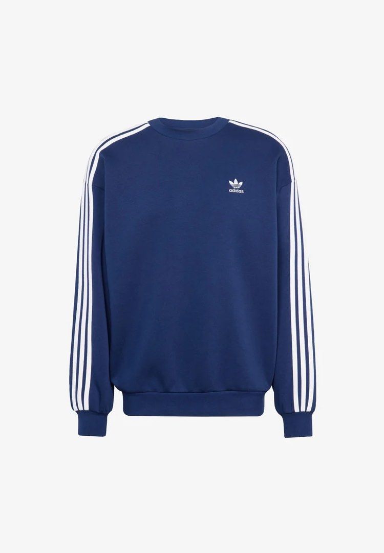 Adidas 3-Stripes Crew Sweatshirt - Navy Blue (Category: Coats, Jackets and Outerwear) located in Pasig City. Submitted by mvsdb (Listing ID 1433302983, Image 1). Description: ORIGINAL AUTHENTIC - Adidas crew sweatshirt - Navy blue with white stripes - Adidas logo on chest - Size M - Adidas logo on neckline - Comfortable fabric.