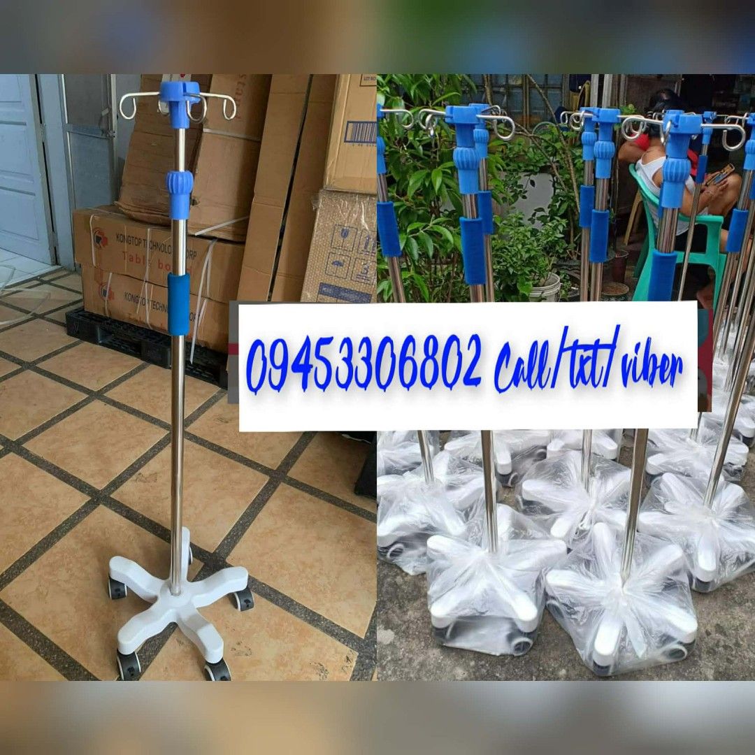 Adjustable IV Stand with Wheels (Category: Medical Supplies & Tools) located in Quezon City. Submitted by brightphoenix.af3fd8 (Listing ID 1433286644, Image 1). Description: - Sturdy IV stand with wheels for easy mobility. - Adjustable height. - Features a blue adjustable section. - Includes hooks for hanging IV bags. - Suitable for medical facilities and home healthcare. - Contact [Phone Number] for inquiries..