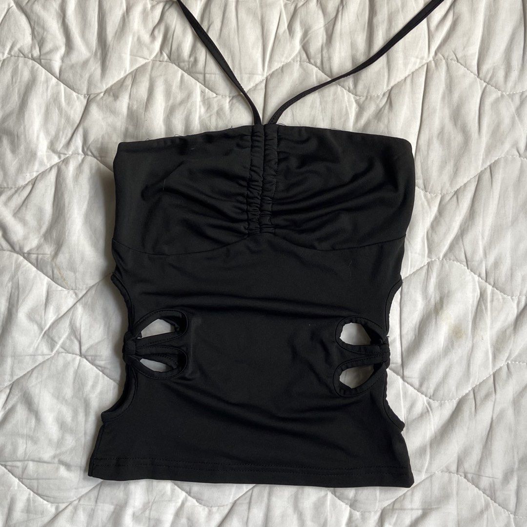 Black Halter Summer Side Cut-out top (Category: Sleeveless) located in Bulacan. Submitted by dumpcloset (Listing ID 1433297473, Image 1). Description: cute black halter top features side flower cut-out design. Perfect for summer! (NO when worn) ship via j&t loc bulacan .