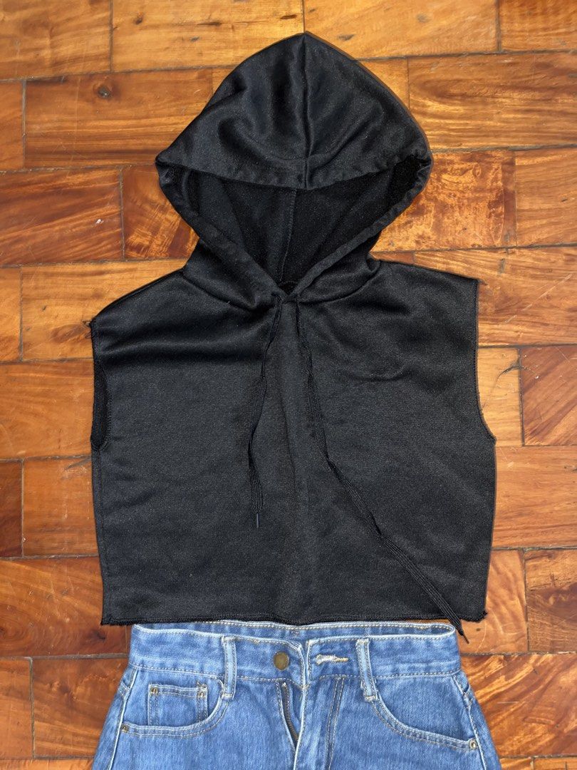 Black Sleeveless Hoodie (Category: Coats, Jackets and Outerwear) located in Manila. Submitted by declitterclutter (Listing ID 1433260835, Image 2). Description: - Black sleeveless hoodie with drawstring and hood - No COD - Buyer will shoulder the shipping fee - Decluttering - Some thrifted finds - No to overpricing!! - No to haggling! - XS to S.
