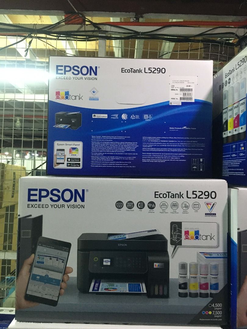 EPSON L5290 PRINTER (Category: Printers, Scanners & Copiers) located in Quezon City. Submitted by colisricky75597 (Listing ID 1433283025, Image 2). Description: EPSON L5290 PRINTER Print, Scan, Copy, 100 sheets (input), 30 sheets (output), 30-sheet ADF Legal, Letter, A4 USB 2.0, Wi-Fi, Wi-Fi Direct, Ethernet BNEW SEALD WITH FREE INK AND CABLE LOCATED: 168 MINDANAO AVE,PROJECT 8 QUEZON CITY .