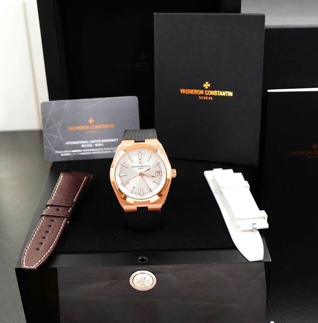 [SOLD] (4500V/000R-B127) Vacheron Constantin Overseas 41mm 18k RG. (Category: Watches) located in Singapore. Submitted by chiii.vn (Listing ID 1432346861, Image 1). Description: Comes with: Full set 2020 (Box and papers) ​Excellent pre-owned condition. This 18k Rose G. model features a silver-toned dial and is powered by the in-house Calibre 5100 automatic movement with a 22k gold rotor. Sharp case lines and clean crystal. Includes the quick-chan