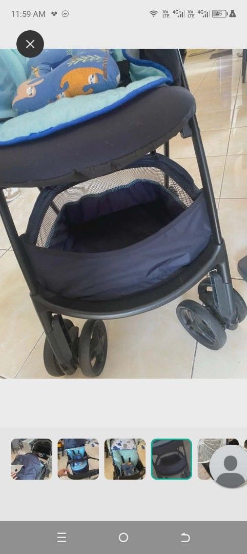 Graco Stroller (Category: Strollers) located in Las Pinas. Submitted by henrynere2558285 (Listing ID 1433241885, Image 3). Description: - Graco stroller - Navy blue canopy - Light blue seat - Storage basket - Padded handle - Sunshade - Reversible RFS: Decluttering. Lightly used.