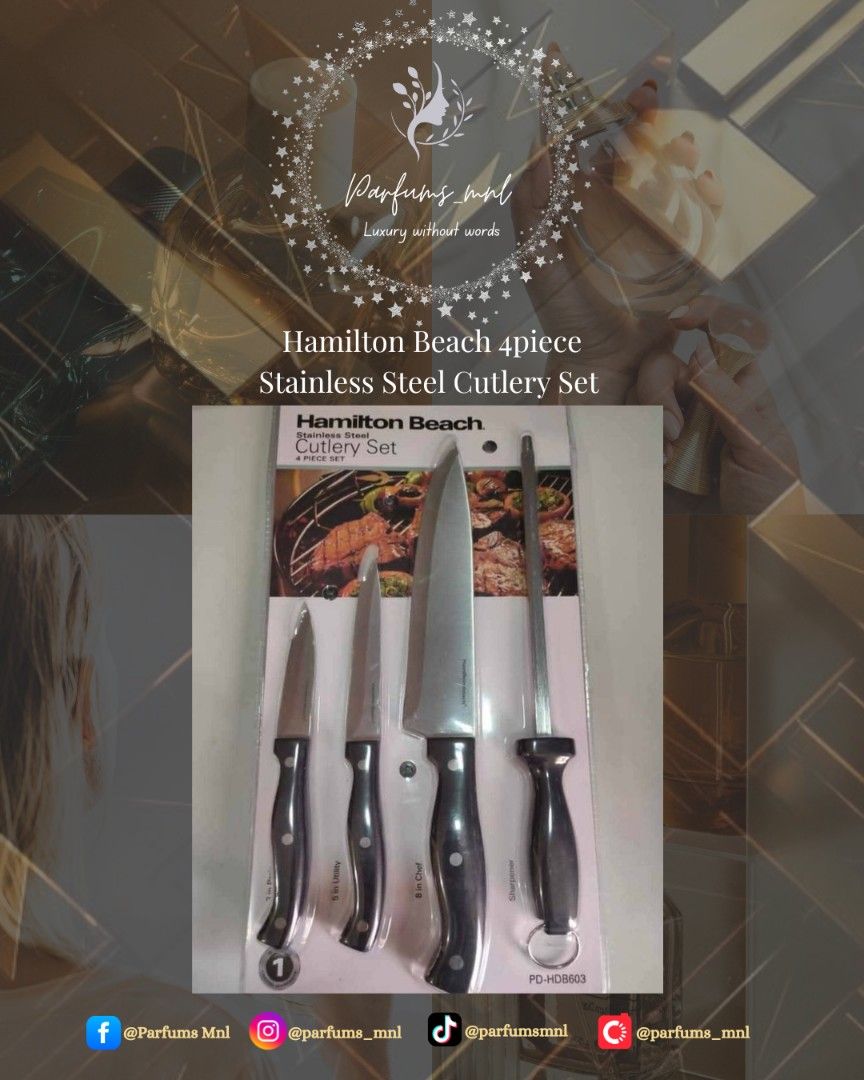 Hamilton Beach 4pc Stainless Steel Cutlery Set (Category: Knives & Chopping Boards) located in Manila. Submitted by parfums_mnl (Listing ID 1433234142, Image 1). Description: Hamilton Beach 4pc Stainless Steel Cutlery Set ❗PLS. READ❗ ⚠️Prices may change without prior notice❗ ✅All of our perfumes/products are 101% Guaranteed Original ✅Onhand Manila PH 🇵🇭 ✅ALL PICTURES ARE ACTUAL. What you see in the picture, is what you will get! ✅Prices are NEG
