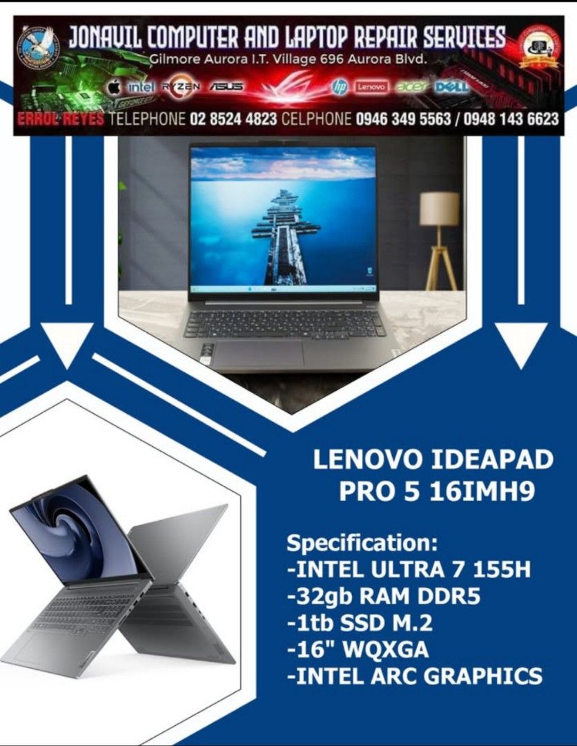 LENOVO IDEAPAD PRO 5 16IMH9 (Category: Laptops & Notebooks) located in Quezon City. Submitted by akiocomputerltfrbprintservices (Listing ID 1433216085, Image 1). Description: “Hi! May available akong LENOVO IDEAPAD PRO 5 16IMH9 na laptop Brand New.” Specification: -INTEL ULTRA 7 155H -32gb RAM DDR5 -1tb SSD M.2 -16" WQXGA -INTEL ARC GRAPHICS “Maaasahan ito, maayos ang takbo, at handa nang gamitin. Magandang piliin para sa mga estudyante o pang-op