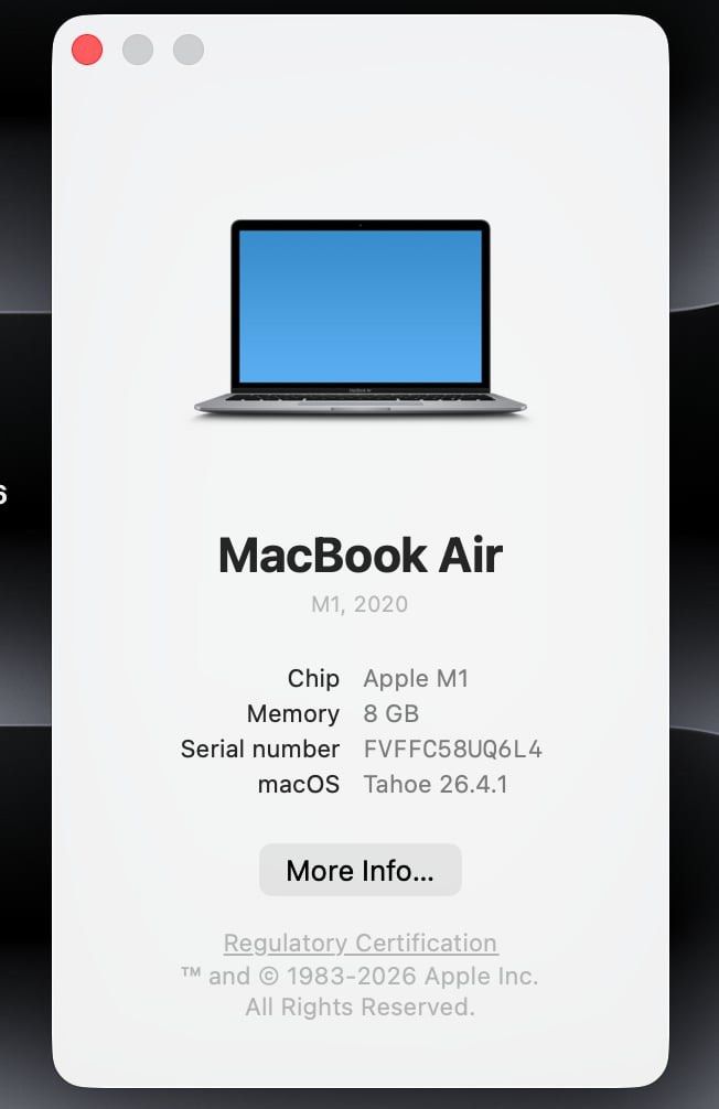MacBook Air M1 (Category: Laptops & Notebooks) located in Manila. Submitted by yesyesyesyesyesno (Listing ID 1433374364, Image 1). Description: MacBook Air M1, 2020 Chip Apple M1 Memory 8 GB Serial number FVFFC58UQ6L4 macOS Tahoe 26.4.1 Negotiable.