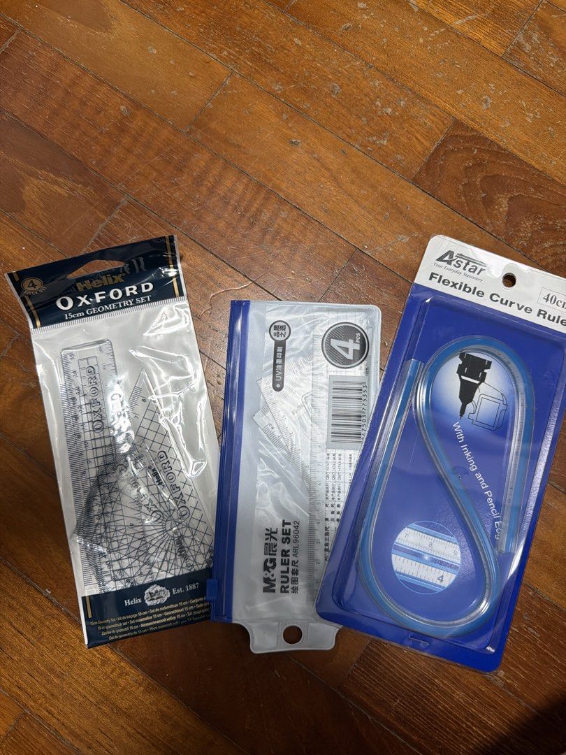 math instruments (Category: Stationery & School Supplies) located in Singapore. Submitted by evanglinee (Listing ID 1433342450, Image 1). Description: geometry set ruler set flexible curve ruler selling as a set, $10 for all 3.