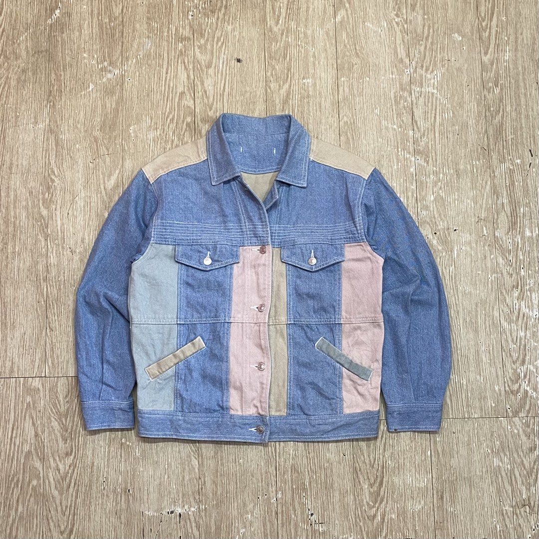 Patchwork Denim Jacket (Category: Coats, Jackets and Outerwear) located in Cebu City. Submitted by christianthrifteddd (Listing ID 1433366390, Image 1). Description: - Patchwork denim jacket - Button-up front - Two chest pockets - Two side pockets - Collared neckline - Long sleeves (approx. 25" length) - Pleated back detail.
