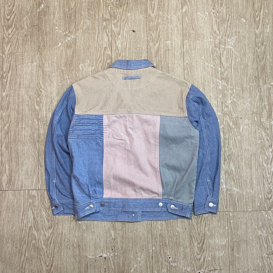 Patchwork Denim Jacket (Category: Coats, Jackets and Outerwear) located in Cebu City. Submitted by christianthrifteddd (Listing ID 1433366390, Image 3). Description: - Patchwork denim jacket - Button-up front - Two chest pockets - Two side pockets - Collared neckline - Long sleeves (approx. 25" length) - Pleated back detail.