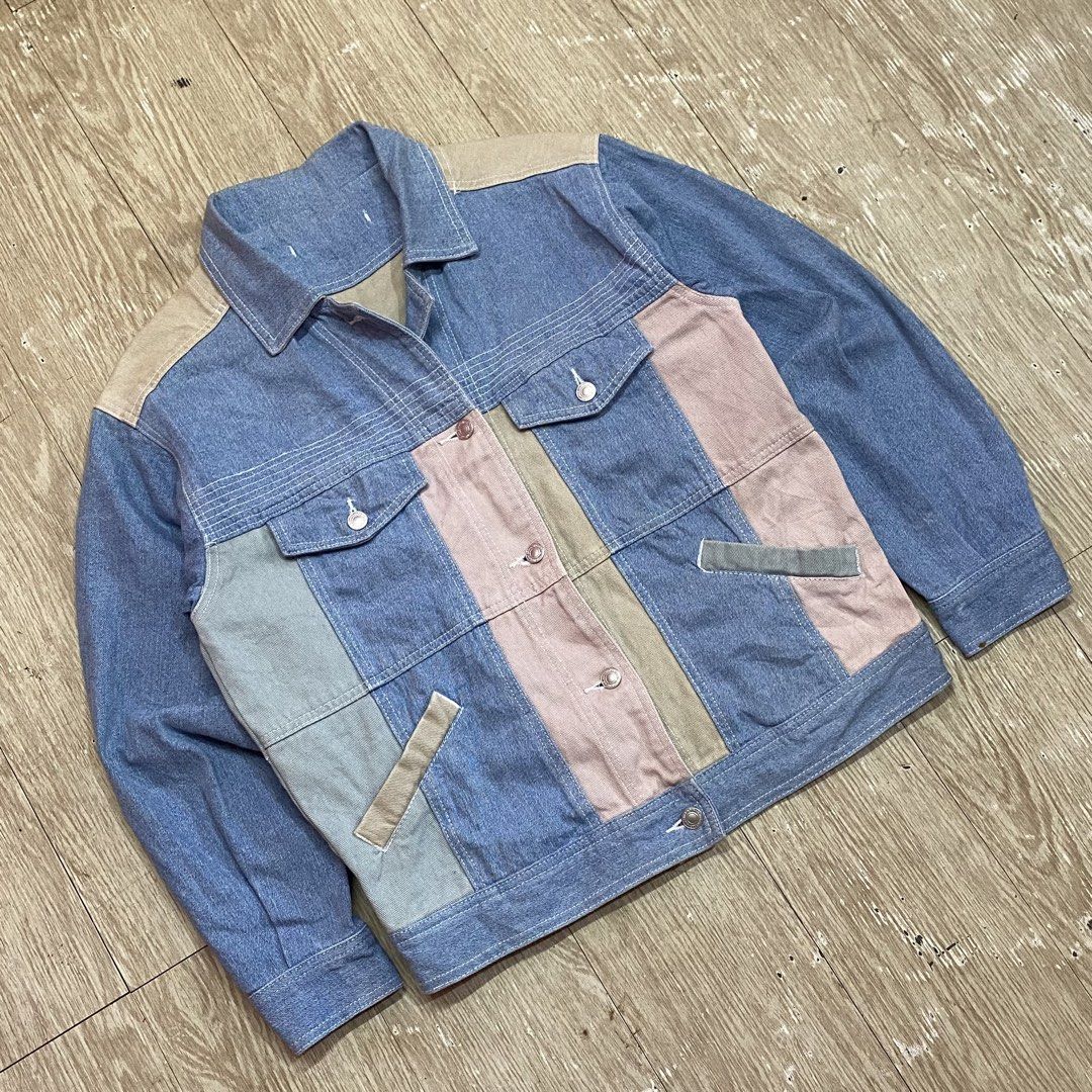 Patchwork Denim Jacket (Category: Coats, Jackets and Outerwear) located in Cebu City. Submitted by christianthrifteddd (Listing ID 1433366390, Image 2). Description: - Patchwork denim jacket - Button-up front - Two chest pockets - Two side pockets - Collared neckline - Long sleeves (approx. 25" length) - Pleated back detail.