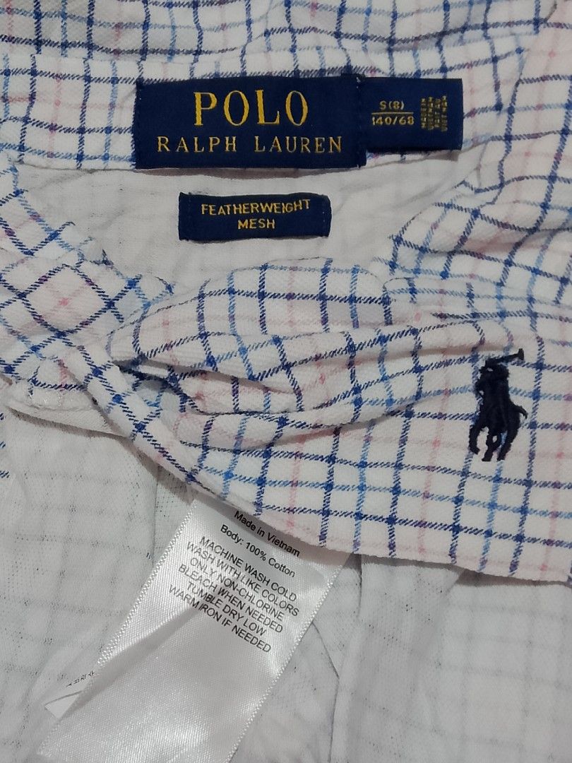 Polo Ralph Lauren Featherweight Mesh Shirt (Category: Babies & Kids Fashion) located in Roxas City. Submitted by tabot (Listing ID 1433366111, Image 2). Description: - Authentic Polo Ralph Lauren shirt - Classic white and blue plaid pattern - Excellent condition - 16.5x21.5 - Ukay2x source.