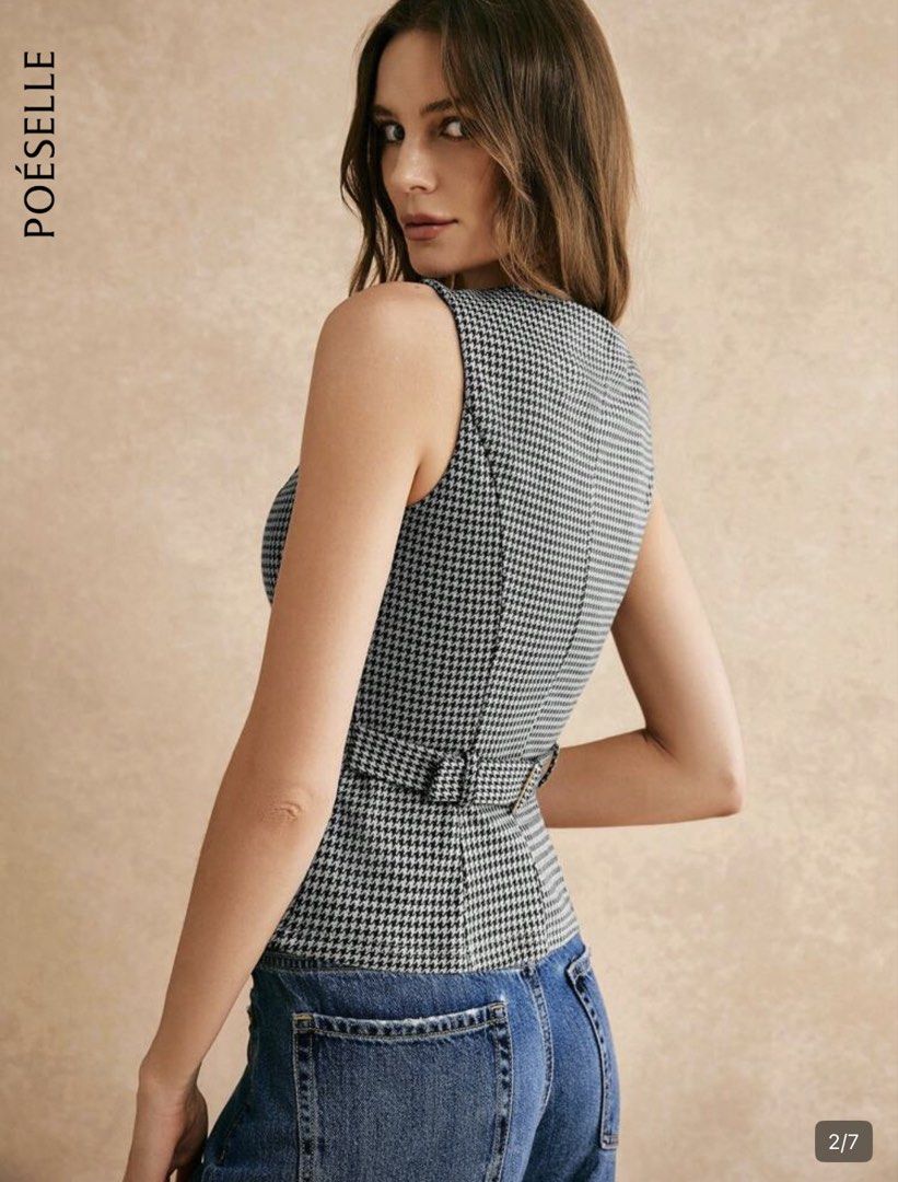 Squareneck Grey Vest Top (Category: Vests) located in Quezon City. Submitted by temptress (Listing ID 1433253833, Image 2). Description: - Stylish houndstooth vest - Square neckline - Button-down closure - Fitted silhouette with waist detail - Classic black and white pattern - Sleeveless design - Woven fabric - Belt detail at the back.