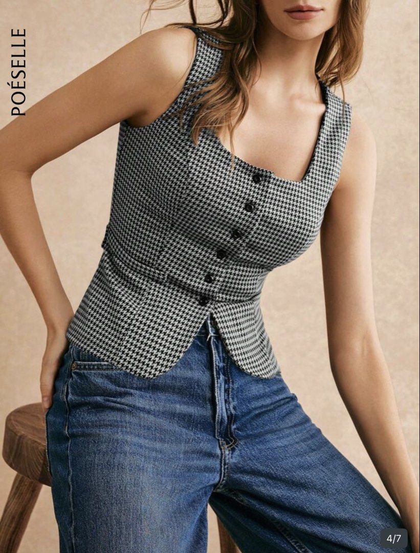Squareneck Grey Vest Top (Category: Vests) located in Quezon City. Submitted by temptress (Listing ID 1433253833, Image 1). Description: - Stylish houndstooth vest - Square neckline - Button-down closure - Fitted silhouette with waist detail - Classic black and white pattern - Sleeveless design - Woven fabric - Belt detail at the back.
