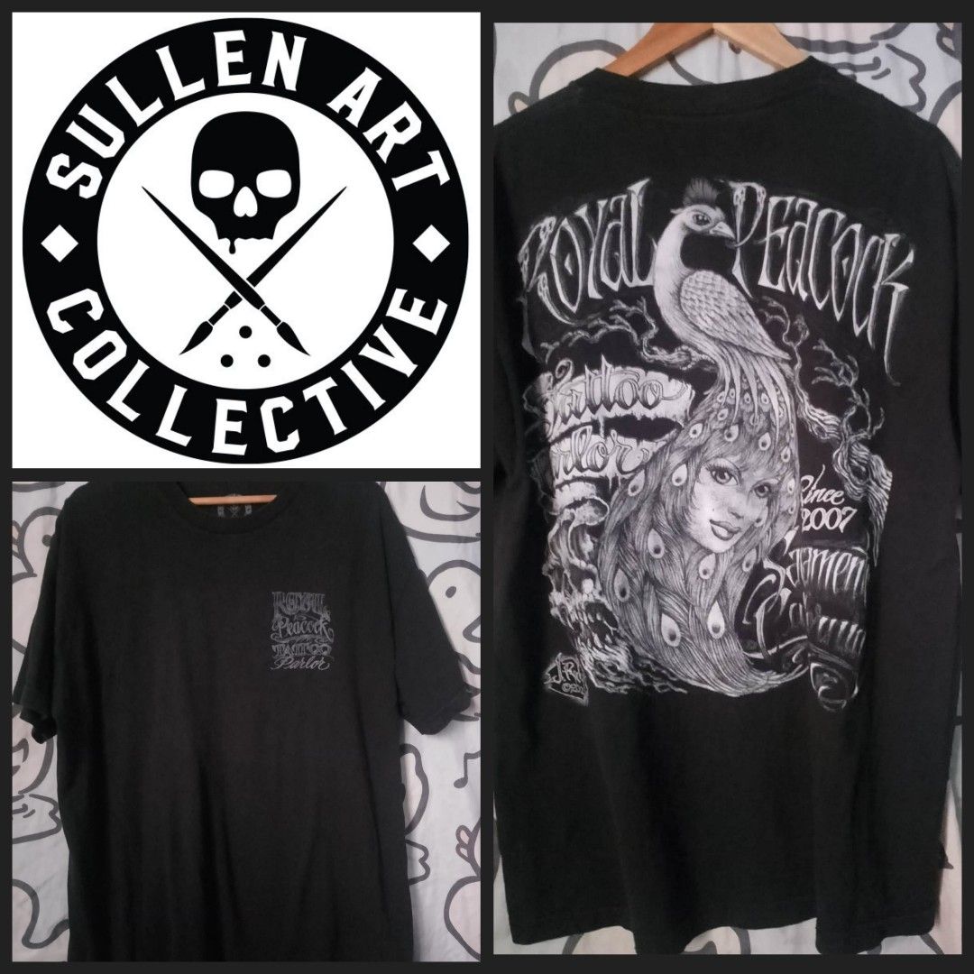 Sullen Art Collective Royal Peacock Tee (Category: Tshirts & Polo Shirts ) located in Manila. Submitted by bugoys (Listing ID 1433363105, Image 1). Description: - Black Sullen Art Collective long-sleeved t-shirt. - Features a striking 'Royal Peacock' design on the back. - Back design includes a peacock, a woman's face, and the text 'Since 2007'. - Small design on the front chest area..