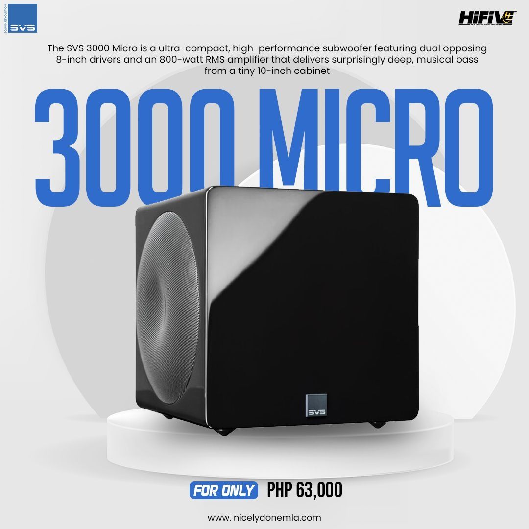 SVS 3000 Micro (Category: Soundbars, Speakers & Amplifiers) located in Quezon City. Submitted by hifivebynicelydone (Listing ID 1433266179, Image 1). Description: Deep bass, ultra-compact 🔊 SVS 3000 Micro packs dual 8 inch drivers and 800W RMS power into a sleek, space-saving design—perfect for powerful home audio. 📩 Message us now for inquiries or reservations..