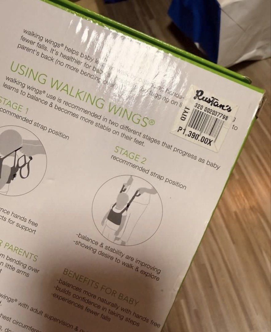 Walking Wings Baby Walking Assistant (Category: Carriers & Slings) located in Quezon City. Submitted by mikamdr (Listing ID 1433296506, Image 3). Description: - Walking Wings baby walking assistant for safe walking. - Supports baby's balance and reduces falls. - Two-stage harness design. - Original price tag from Rustan's (₱1,390). - used once, baby didn’t like wearing harnesses. - no box.
