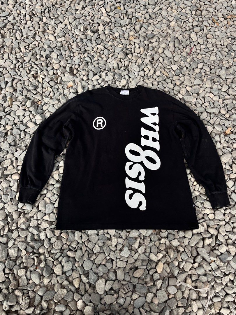 Whois Long Sleeve Shirt Black (Category: Tshirts & Polo Shirts ) located in Manila. Submitted by cornerspot_streetwear (Listing ID 1433297752, Image 1). Description: - Black long sleeve shirt - Features "Whois" printed vertically on the front - Small registered trademark symbol on the left chest - Made of soft material - Long sleeves with ribbed cuffs - Solid black color.