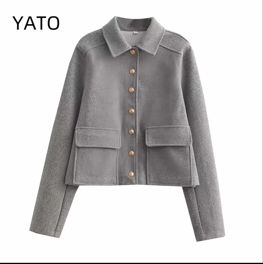 YATO Gray Jacket (small) (Category: Coats, Jackets and Outerwear) located in Manila. Submitted by acbefgh (Listing ID 1433303816, Image 1). Description: Stylish cropped jacket from YATO. Features a classic collar, button-down closure, and two front pockets. The jacket is a versatile piece, perfect for layering. It has a tailored fit and is made of a soft, textured fabric. The jacket is a neutral grey color, making it easy to pair with various out